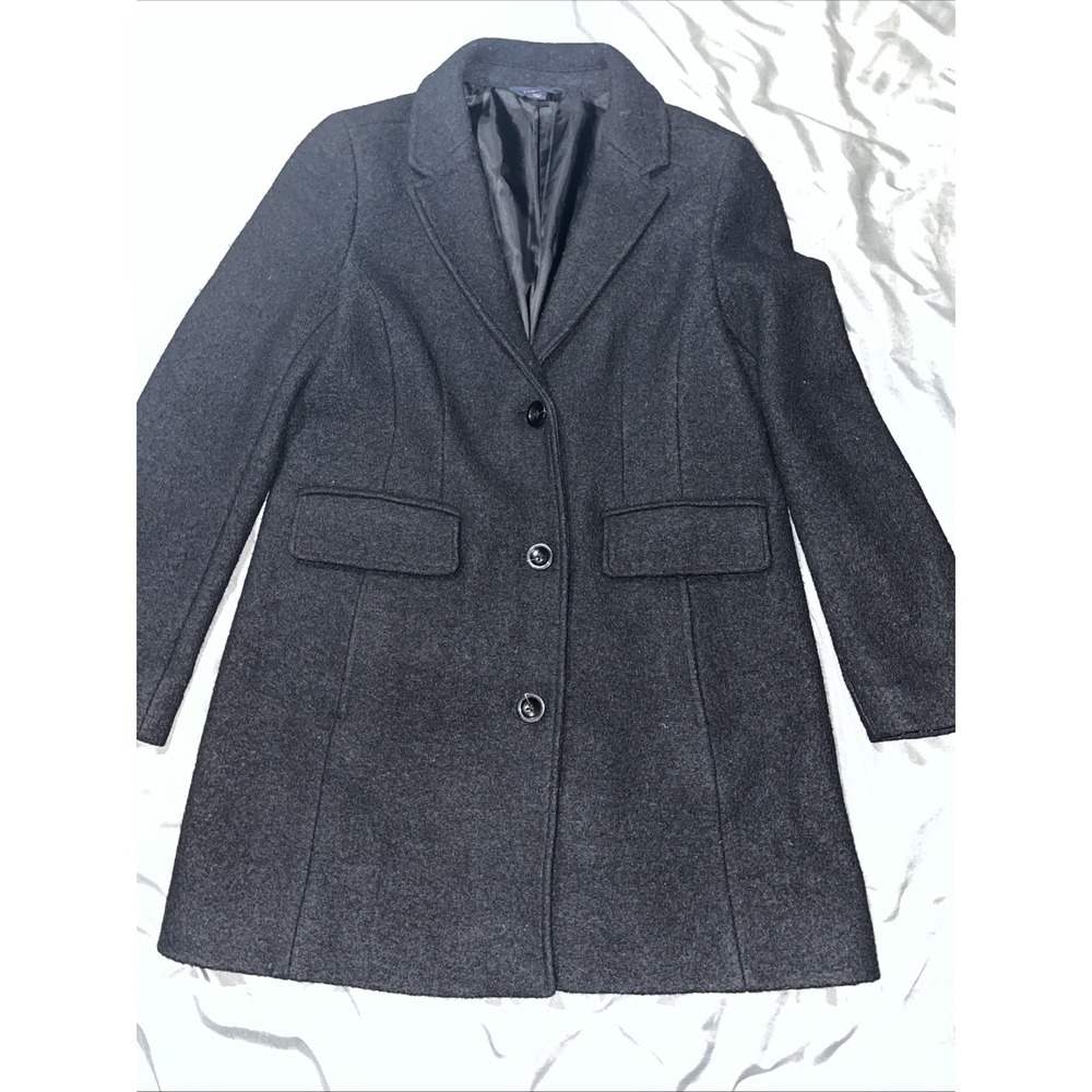 Lands' End Women's Size 10P Black Wool Blend Pea Coat Lined Knee Length Pockets